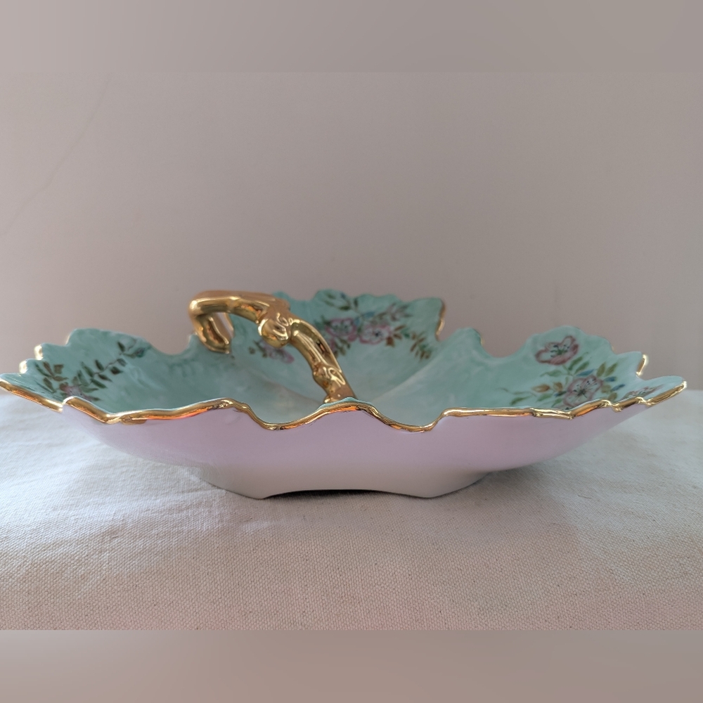 Vintage Porcelain Candy Serving Dish Gold Trim Handle Painted Floral